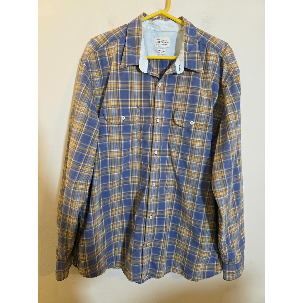 Lucky Brand Mens XXL Blue Yellow Plaid Cotton Long Sleeve Button Down Shirt